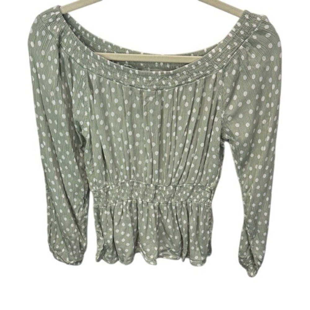 Sage Green Polka Dot Long Sleeve‎ Top Smocked Peplum Blouse